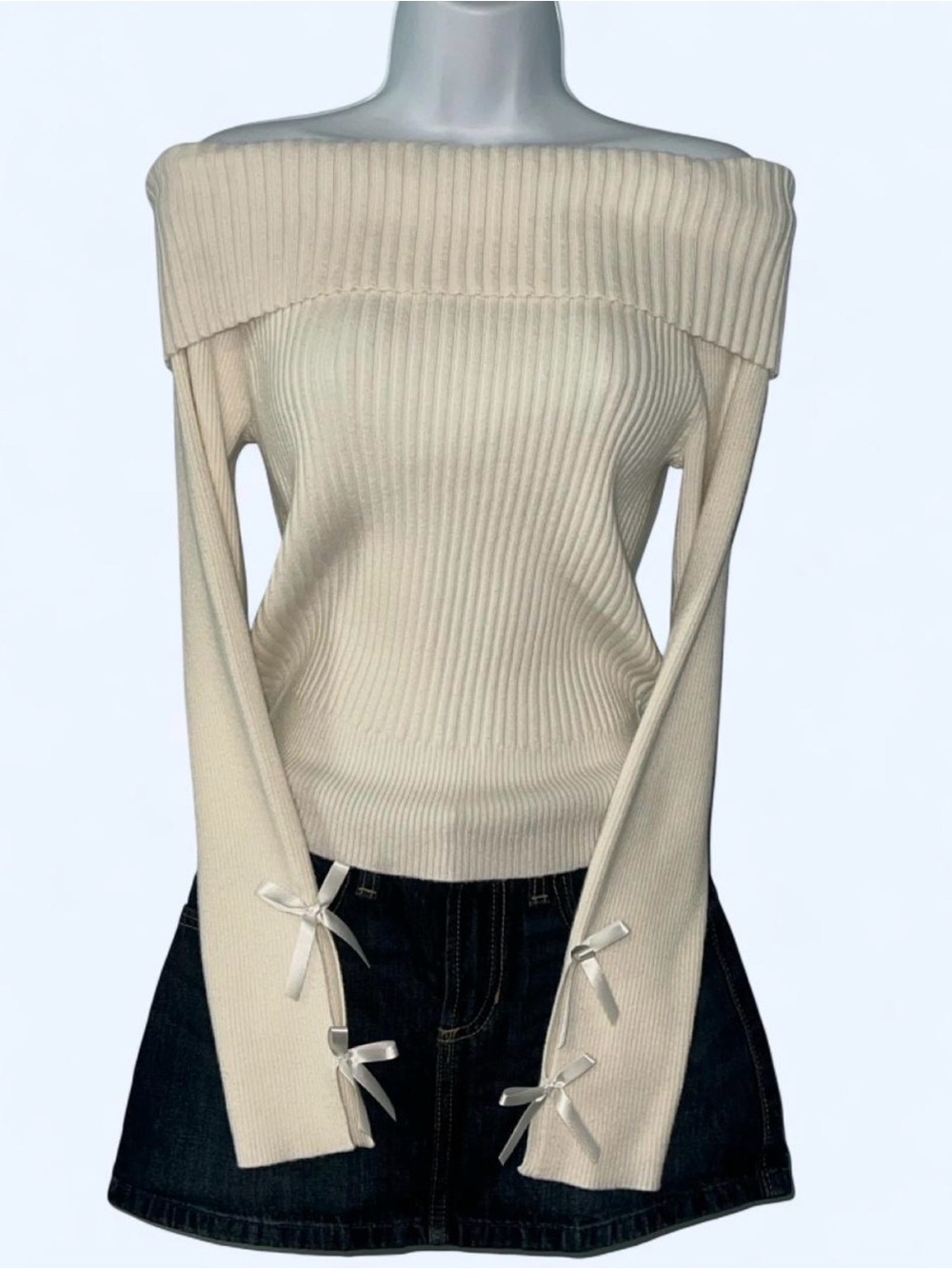 Coquette Cream off the shoulder ribbed knit sweater with bows
